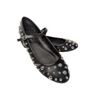 Madden Girl Women Shoes, Parry- Silver Studded Mary Jane Black Ballet Flats, 6.5